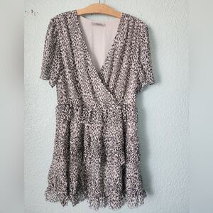 All Saints Cheetah Black and White Patterned Layered Raw Hem Dress